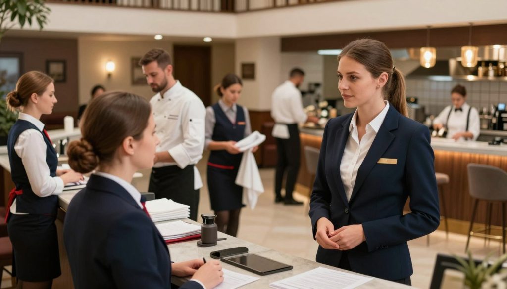 A dynamic and informative scene depicting various hotel staff members engaged in different roles within a hotel setting in Poland. In the foreground, a professional hotel manager, dressed in a sharp business suit, converses with a front desk receptionist wearing a smart uniform. In the middle ground, a diverse group of staff members, including a chef in a kitchen and a housekeeper preparing linens, illustrates a bustling hotel atmosphere. The background features a modern hotel lobby with tasteful decor that reflects regional Polish architecture. The lighting is warm and inviting, creating a welcoming atmosphere, while the camera angle provides a slightly elevated view, capturing the essence of teamwork in a hotel environment. The mood conveys professionalism and efficiency, showcasing the range of employment opportunities within different regions of Poland. A dynamic and informative scene depicting various hotel staff members engaged in different roles within a hotel setting in Poland. In the foreground, a professional hotel manager, dressed in a sharp business suit, converses with a front desk receptionist wearing a smart uniform. In the middle ground, a diverse group of staff members, including a chef in a kitchen and a housekeeper preparing linens, illustrates a bustling hotel atmosphere. The background features a modern hotel lobby with tasteful decor that reflects regional Polish architecture. The lighting is warm and inviting, creating a welcoming atmosphere, while the camera angle provides a slightly elevated view, capturing the essence of teamwork in a hotel environment. The mood conveys professionalism and efficiency, showcasing the range of employment opportunities within different regions of Poland.