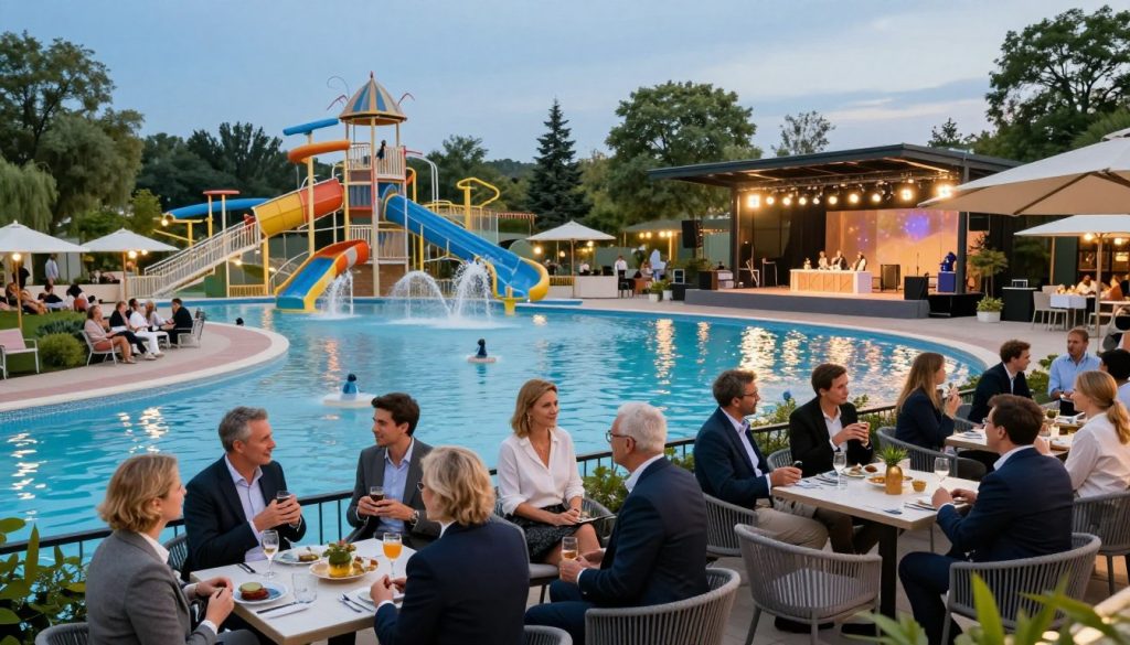 A dynamic and inviting scene depicting the Termy Maltańskie in Poznań, showcasing a vibrant atmosphere for event organization. In the foreground, a diverse group of professionally dressed individuals engage in conversation while enjoying refreshments on a chic terrace overlooking the water park. In the middle ground, several pools and water attractions glisten under soft, warm lighting, highlighting the modern architecture of the complex. The background features lush greenery and elegantly designed spaces suitable for events, such as a stage and seating area. Capture the ambiance of relaxation and rejuvenation, with slight reflections in the water and a clear blue sky, evoking a sense of community and celebration. Use a wide-angle lens to enhance the spacious feel of the scene.