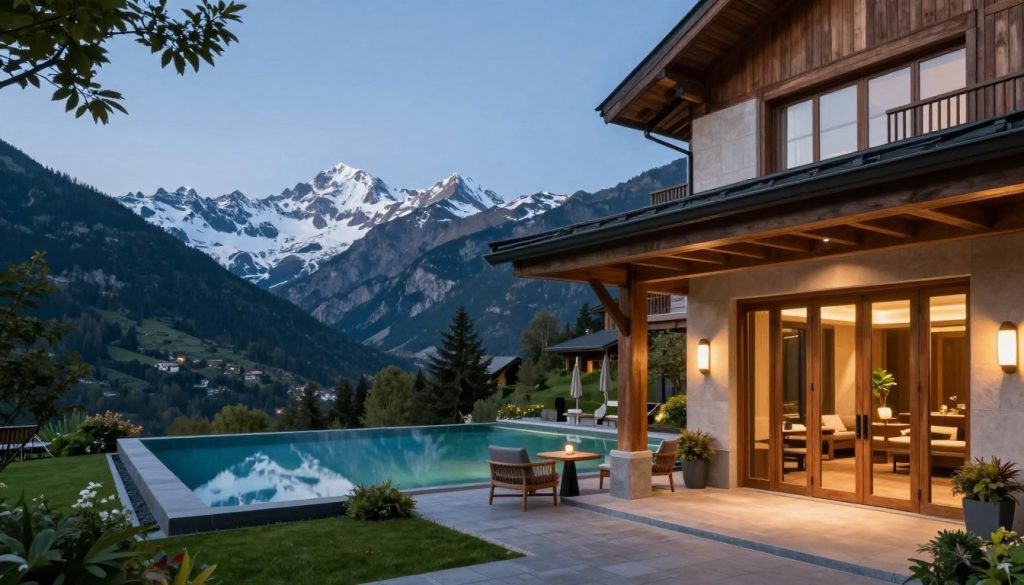 A luxurious adult-only hotel nestled in the mountains, featuring a stunning modern architecture that blends with the natural landscape. The foreground showcases the hotel's elegant entrance with beautiful wooden doors and tasteful outdoor seating areas. In the middle, a serene infinity pool reflects the breathtaking mountain peaks, surrounded by lush greenery. The background is filled with dramatic, snow-capped mountains under a clear blue sky, enhancing the idyllic atmosphere. Soft, warm lighting illuminates the scene, suggesting a peaceful and relaxing evening. The setting conveys a sense of exclusivity and tranquility, perfect for adults seeking a romantic getaway or peaceful retreat. A luxurious adult-only hotel nestled in the mountains, featuring a stunning modern architecture that blends with the natural landscape. The foreground showcases the hotel's elegant entrance with beautiful wooden doors and tasteful outdoor seating areas. In the middle, a serene infinity pool reflects the breathtaking mountain peaks, surrounded by lush greenery. The background is filled with dramatic, snow-capped mountains under a clear blue sky, enhancing the idyllic atmosphere. Soft, warm lighting illuminates the scene, suggesting a peaceful and relaxing evening. The setting conveys a sense of exclusivity and tranquility, perfect for adults seeking a romantic getaway or peaceful retreat.