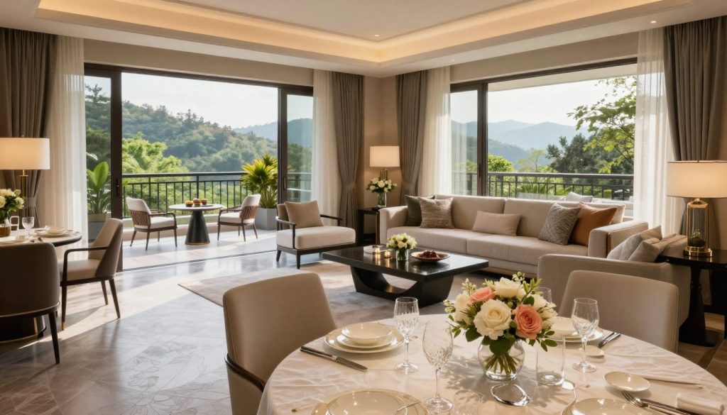 A luxurious alternative hotel suite, showcasing modern elegance and comfort. In the foreground, a beautifully set dining table features fine china, crystal glasses, and exquisite floral arrangements. In the middle, a spacious living area with plush sofas, an artistic coffee table, and large windows offering breathtaking views of a serene natural landscape. The background showcases a bright balcony adorned with elegant greenery and chic furniture, allowing for outdoor relaxation. Soft, warm lighting fills the room, creating an inviting atmosphere, while sun rays filter through sheer curtains. The scene evokes a sense of tranquility and opulence, perfect for discerning travelers seeking unique experiences away from traditional luxury hotels. The composition is captured from a wide angle to highlight the spaciousness and beauty of the suite.