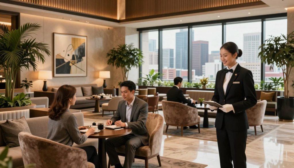 A luxurious hotel lobby designed for adults, featuring elegant furnishings and tasteful decor. In the foreground, a friendly concierge in professional business attire assists a couple checking in. The middle layer showcases a stylish seating area with plush chairs and contemporary art, while lush indoor plants add a touch of greenery. In the background, large windows provide a panoramic view of a vibrant city skyline, bathed in soft, warm lighting that creates an inviting atmosphere. The scene captures a sense of sophistication and comfort, perfect for discerning guests seeking accommodation. Aim for a warm, welcoming mood with balanced composition and natural lighting, as if captured through a wide-angle lens, focusing on the overall ambience of an upscale hotel experience. A luxurious hotel lobby designed for adults, featuring elegant furnishings and tasteful decor. In the foreground, a friendly concierge in professional business attire assists a couple checking in. The middle layer showcases a stylish seating area with plush chairs and contemporary art, while lush indoor plants add a touch of greenery. In the background, large windows provide a panoramic view of a vibrant city skyline, bathed in soft, warm lighting that creates an inviting atmosphere. The scene captures a sense of sophistication and comfort, perfect for discerning guests seeking accommodation. Aim for a warm, welcoming mood with balanced composition and natural lighting, as if captured through a wide-angle lens, focusing on the overall ambience of an upscale hotel experience.