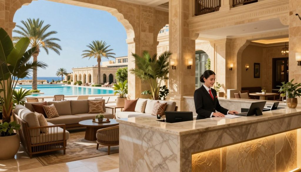 A luxurious hotel lobby in Malta, showcasing a blend of modern elegance and traditional Mediterranean design. In the foreground, a welcoming reception desk with a friendly staff member in professional business attire, ready to assist guests. The middle ground features a cozy seating area with plush sofas, adorned with decorative pillows, complemented by tropical plants and ambient lighting. Large windows allow warm, natural light to flood in, highlighting the stunning architecture. The background presents an expansive view of the hotel's outdoor pool, framed by palm trees and a clear blue sky. The scene conveys a relaxed yet sophisticated atmosphere, emphasizing comfort and high-quality service, perfect for travelers seeking memorable accommodations in Malta. A luxurious hotel lobby in Malta, showcasing a blend of modern elegance and traditional Mediterranean design. In the foreground, a welcoming reception desk with a friendly staff member in professional business attire, ready to assist guests. The middle ground features a cozy seating area with plush sofas, adorned with decorative pillows, complemented by tropical plants and ambient lighting. Large windows allow warm, natural light to flood in, highlighting the stunning architecture. The background presents an expansive view of the hotel's outdoor pool, framed by palm trees and a clear blue sky. The scene conveys a relaxed yet sophisticated atmosphere, emphasizing comfort and high-quality service, perfect for travelers seeking memorable accommodations in Malta.