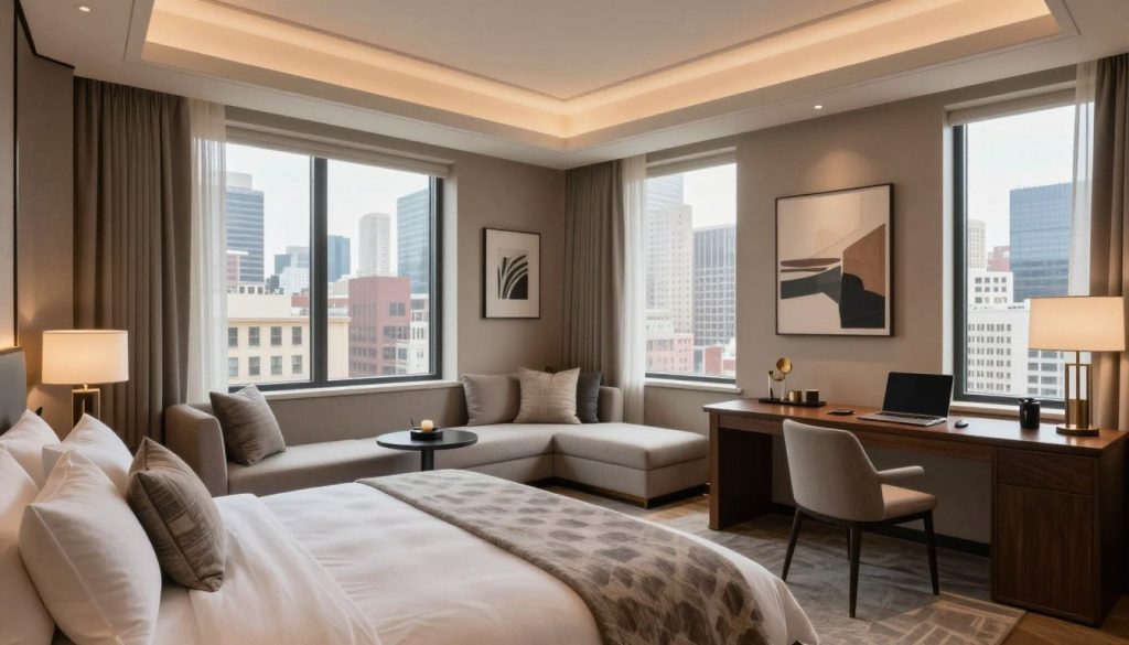 A luxurious hotel room in the heart of a vibrant city, featuring modern decor and elegant furnishings. The foreground shows a beautifully made king-size bed with plush pillows and a stylish throw. A sleek wooden desk with a laptop and decorative elements adds a touch of sophistication. In the middle, large windows allow natural light to flood the room, illuminating the soft earth tones and accentuated by tasteful artwork on the walls. A cozy seating area with a small coffee table invites relaxation. The background reveals a city skyline through the windows, suggesting a bustling atmosphere outside. The warm, inviting lighting creates a serene mood, perfect for unwinding after a long day.