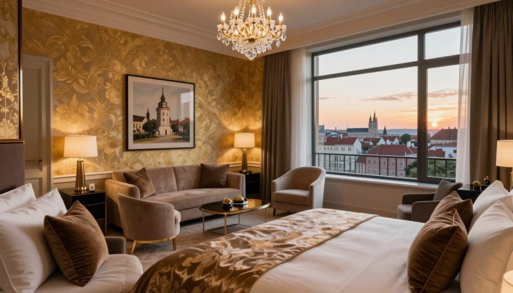 A luxurious hotel suite in Poland, featuring opulent furnishings and d&eacute;cor. In the foreground, a plush king-sized bed with an elegant silk duvet, adorned with rich pillows. The middle ground showcases a stylish seating area with designer armchairs and a sleek coffee table, surrounded by tasteful art pieces. Soft, ambient lighting bathes the room, highlighting the intricate details of the gold-accented wallpaper and crystal chandeliers overhead. The background reveals a large window with a breathtaking view of a historic cityscape, bathed in the warm glow of sunset. The atmosphere is serene and lavish, suggestive of both comfort and sophistication, perfect for high-end travelers. The image should evoke a sense of exclusivity and relaxation in a premium environment.