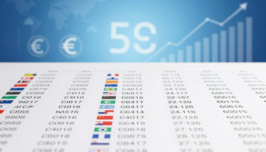 A meticulously arranged table displaying a variety of currency codes according to ISO 4217, crafted in an elegant and professional style. The foreground features crisp, clear columns of codes, each accompanied by a small flag representing the respective country, such as the euro (&euro;) or dollar ($). In the middle ground, there are subtle graphics illustrating currency exchange rates and global financial symbols, softly blended into the background. The background is a soft gradient of blue, evoking a sense of trust and professionalism, with hints of financial elements such as upward-trending graphs. The lighting is bright and evenly dispersed, enhancing readability and focus, with a slight depth of field that keeps the viewer's attention on the table. The overall atmosphere is informative, clear, and conducive to learning.