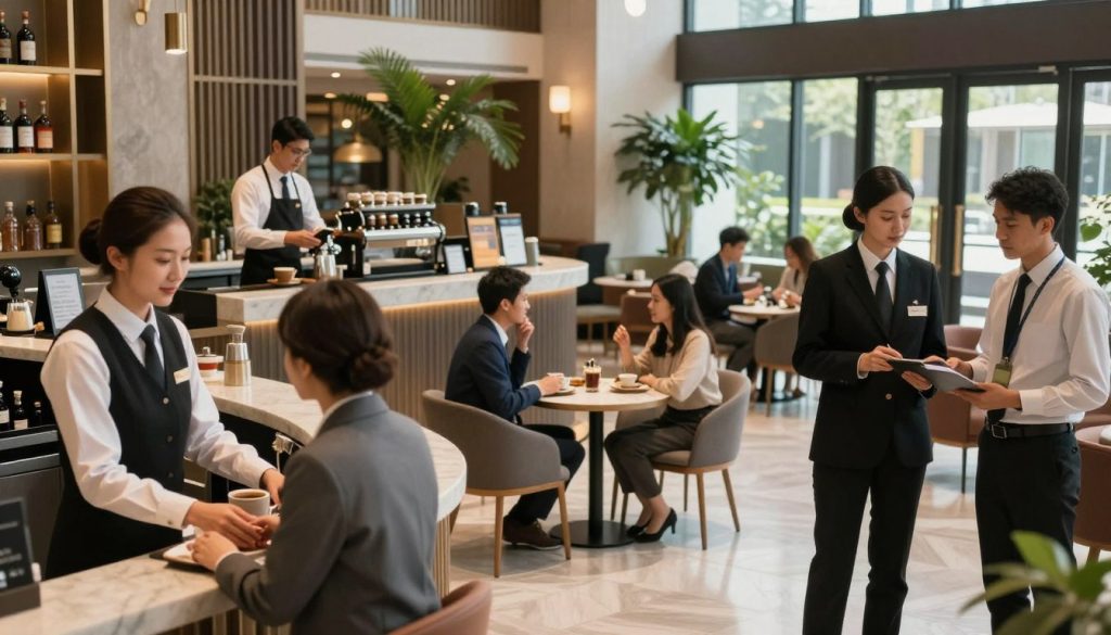 A modern hotel lobby bustling with activity, showcasing a diverse group of hotel employees in professional business attire, engaged in dynamic discussions and customer service interactions. In the foreground, a friendly receptionist assists a guest. The middle ground features a barista preparing coffee for a couple seated at a stylish café table, while a concierge provides local information to another guest. The background reveals elegant decor, large windows allowing natural light to flood the space, and lush green plants. The atmosphere is vibrant and welcoming, conveying the latest trends in the hospitality industry. Soft, warm lighting enhances the inviting ambiance. The perspective is slightly angled to capture the various interactions and the contemporary design of the hotel interior. A modern hotel lobby bustling with activity, showcasing a diverse group of hotel employees in professional business attire, engaged in dynamic discussions and customer service interactions. In the foreground, a friendly receptionist assists a guest. The middle ground features a barista preparing coffee for a couple seated at a stylish café table, while a concierge provides local information to another guest. The background reveals elegant decor, large windows allowing natural light to flood the space, and lush green plants. The atmosphere is vibrant and welcoming, conveying the latest trends in the hospitality industry. Soft, warm lighting enhances the inviting ambiance. The perspective is slightly angled to capture the various interactions and the contemporary design of the hotel interior.
