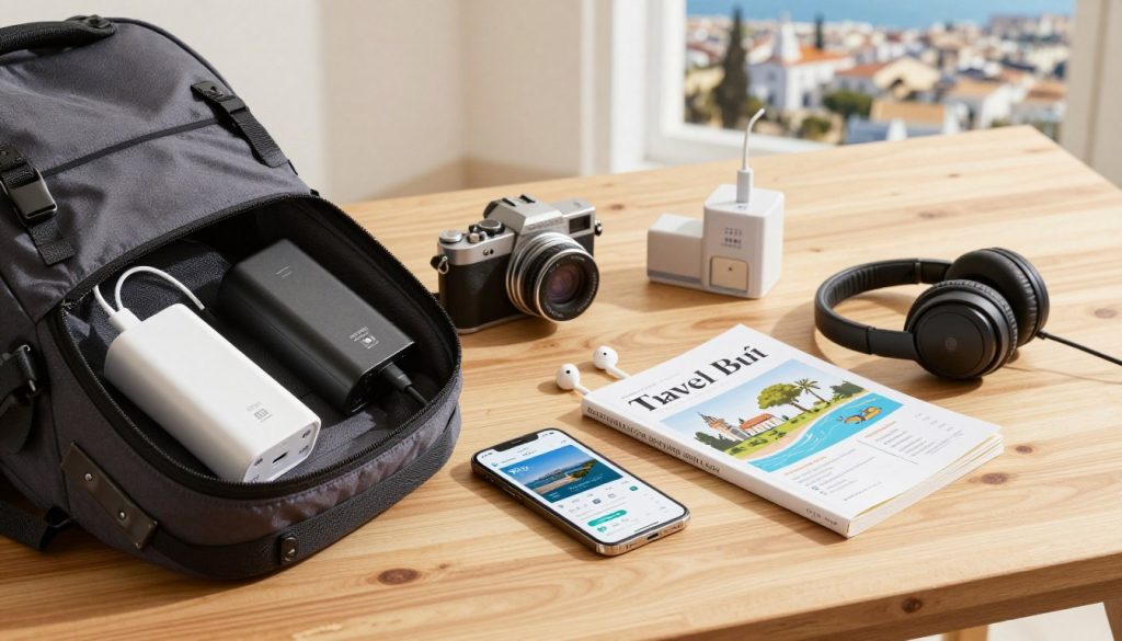 A neatly arranged collection of essential travel electronics and accessories for Tunisia, set against a softly lit wooden table. In the foreground, display a traveler’s unpacked backpack showcasing a portable charger, a compact camera, noise-cancelling headphones, and an international travel adapter. In the middle, include a smartphone with a travel app open, surrounded by a travel guidebook and earbuds. In the background, a blurred glimpse of a scenic view of a Tunisian landscape can be seen through a window, evoking a sense of adventure. The lighting is warm and inviting, creating a cozy atmosphere that suggests preparation for an exciting journey. Focus on clarity and detail to inspire thoughts of mindful packing for travel. A neatly arranged collection of essential travel electronics and accessories for Tunisia, set against a softly lit wooden table. In the foreground, display a traveler’s unpacked backpack showcasing a portable charger, a compact camera, noise-cancelling headphones, and an international travel adapter. In the middle, include a smartphone with a travel app open, surrounded by a travel guidebook and earbuds. In the background, a blurred glimpse of a scenic view of a Tunisian landscape can be seen through a window, evoking a sense of adventure. The lighting is warm and inviting, creating a cozy atmosphere that suggests preparation for an exciting journey. Focus on clarity and detail to inspire thoughts of mindful packing for travel.