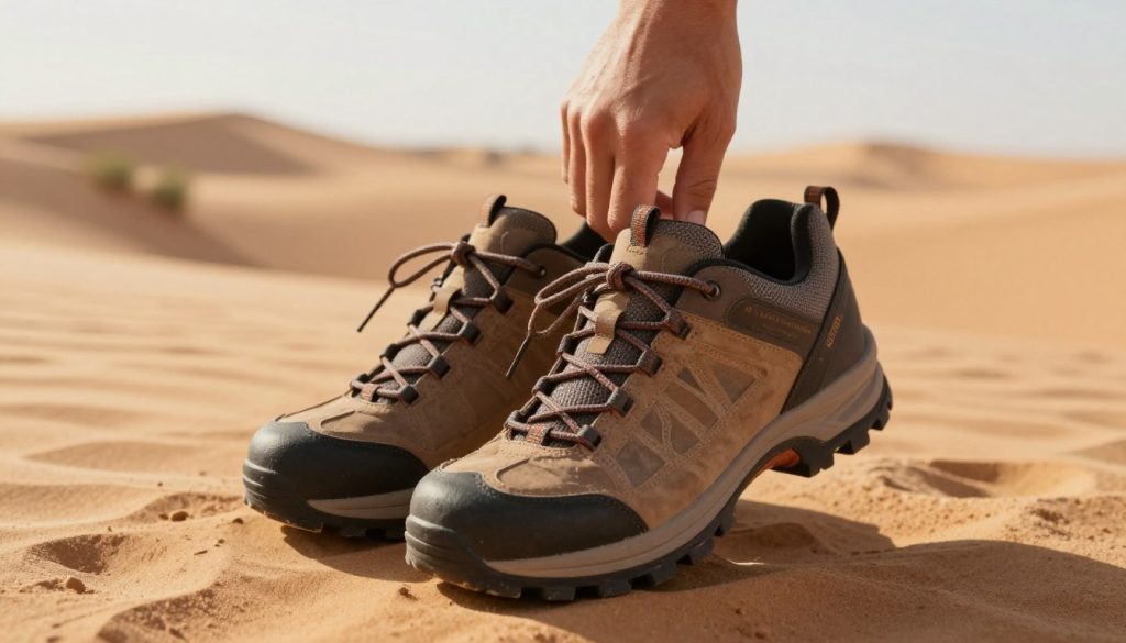A pair of rugged, comfortable hiking shoes designed for the warm and arid climate of Tunisia. In the foreground, showcase the shoes with textured detailing, highlighting their durability and breathability; the laces should be tied, and the soles should reflect a sturdy grip. In the middle ground, depict a hand gently holding the shoes, suggesting readiness for adventure. The background should feature a sunlit desert landscape with gentle sand dunes and sparse vegetation, indicating the Tunisian setting. Use warm, golden sunlight to create a welcoming atmosphere, capturing the essence of a traveler's journey in a beautiful outdoor environment. Focus on clarity and realism, with a slightly blurred background to emphasize the shoes' functionality and suitability for Tunisian terrain. A pair of rugged, comfortable hiking shoes designed for the warm and arid climate of Tunisia. In the foreground, showcase the shoes with textured detailing, highlighting their durability and breathability; the laces should be tied, and the soles should reflect a sturdy grip. In the middle ground, depict a hand gently holding the shoes, suggesting readiness for adventure. The background should feature a sunlit desert landscape with gentle sand dunes and sparse vegetation, indicating the Tunisian setting. Use warm, golden sunlight to create a welcoming atmosphere, capturing the essence of a traveler's journey in a beautiful outdoor environment. Focus on clarity and realism, with a slightly blurred background to emphasize the shoes' functionality and suitability for Tunisian terrain.