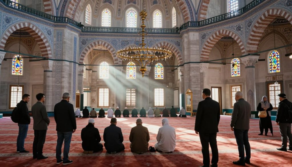 A peaceful scene inside a beautifully ornate mosque in Turkey, showcasing recommended behaviors for safety during visits. In the foreground, a diverse group of tourists dressed in modest clothing, engaging respectfully with their surroundings, are observing the intricate tile work and large chandeliers. In the middle, soft rays of sunlight filter through stained glass windows, illuminating the prayer area where worshippers are quietly engaged in prayer. The background features the stunning architecture of the mosque, with its arches and domes adding depth to the image. The atmosphere is serene and respectful, conveying a sense of cultural appreciation. The composition should emphasize the beauty of the mosque while also subtly conveying the importance of safe and respectful behavior. Use soft, natural lighting with a warm color palette to evoke a welcoming ambiance.