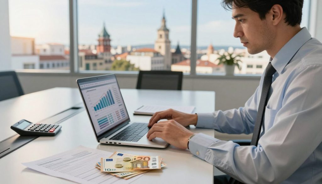 A professional financial advisor in a modern office setting, analyzing Euro currency exchange transactions. In the foreground, he is using a laptop with graphs and charts displayed, alongside a stack of currency notes and coins representing Euros. The middle ground features a sleek conference table with a calculator and documents on international payment guidelines. In the background, large windows reveal a vibrant cityscape of a Spanish city, with clear skies and sunlight streaming through, creating a warm and inviting atmosphere. The overall mood is one of professionalism and diligence, emphasizing the nuances of money exchange in Spain. The image should have soft, natural lighting to enhance the sense of clarity and focus. A professional financial advisor in a modern office setting, analyzing Euro currency exchange transactions. In the foreground, he is using a laptop with graphs and charts displayed, alongside a stack of currency notes and coins representing Euros. The middle ground features a sleek conference table with a calculator and documents on international payment guidelines. In the background, large windows reveal a vibrant cityscape of a Spanish city, with clear skies and sunlight streaming through, creating a warm and inviting atmosphere. The overall mood is one of professionalism and diligence, emphasizing the nuances of money exchange in Spain. The image should have soft, natural lighting to enhance the sense of clarity and focus.