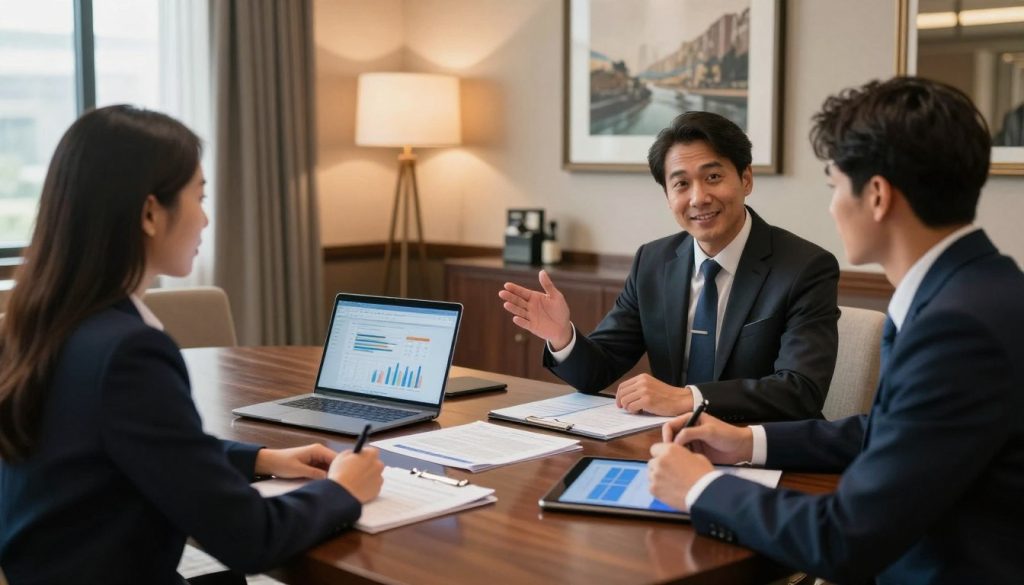 A professional negotiation scene set in an upscale hotel conference room in 2024. In the foreground, a diverse group of three individuals, dressed in smart business attire, engaged in a discussion around a polished wooden table. One person gestures confidently, while another listens intently, taking notes on a digital tablet. In the middle, a beautifully arranged set of documents and a laptop open with graphs displayed, emphasizing a negotiation context. The background features elegant hotel decor, including framed art and soft lighting from chic lamps casting a warm glow. The atmosphere is focused and professional, suggesting a serious yet hopeful mood, as the natural light filters through large windows, hinting at a bright future in hotel employment. A professional negotiation scene set in an upscale hotel conference room in 2024. In the foreground, a diverse group of three individuals, dressed in smart business attire, engaged in a discussion around a polished wooden table. One person gestures confidently, while another listens intently, taking notes on a digital tablet. In the middle, a beautifully arranged set of documents and a laptop open with graphs displayed, emphasizing a negotiation context. The background features elegant hotel decor, including framed art and soft lighting from chic lamps casting a warm glow. The atmosphere is focused and professional, suggesting a serious yet hopeful mood, as the natural light filters through large windows, hinting at a bright future in hotel employment.