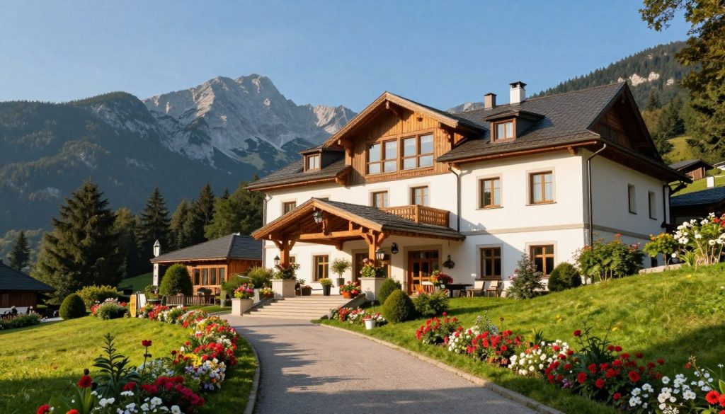 A scenic view of Hotel Gołębiewski Karpacz, showcasing its elegant architecture and serene surroundings. In the foreground, a well-maintained pathway leads visitors up to the hotel entrance, lined with lush greenery and colorful flowers. The middle ground features the hotel's impressive facade, emphasizing its modern design combined with traditional elements, large windows reflecting the natural light. In the background, the majestic Karpacz mountains rise, partially covered with forests, under a clear blue sky. The sunlight casts a warm, inviting glow over the scene, creating a welcoming atmosphere. The image should have a lens perspective that captures both the hotel and its stunning location, evoking a sense of tranquility and comfort, perfect for guests seeking a relaxing getaway.