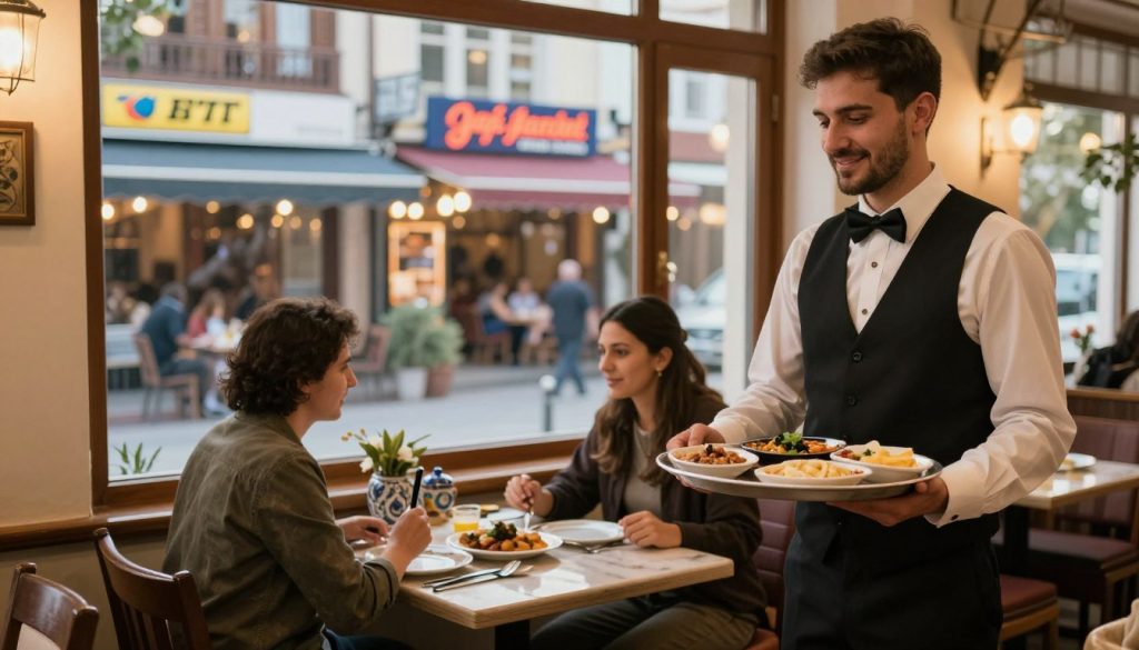 A serene Turkish restaurant setting during a late afternoon. In the foreground, a smartly dressed waiter holds a tray with traditional Turkish dishes, smiling gently as he approaches a table with a couple enjoying their meal. The middle ground features the couple, casually dressed but modestly, engaged in conversation, with a beautiful view of a bustling street in the background adorned with vibrant café signs. Soft, warm lighting filters through a large window, casting gentle shadows and creating an inviting atmosphere. A subtle hint of decorative Turkish ceramics adorns the tables. The mood is friendly and inviting, capturing the essence of dining in Turkey and the etiquette surrounding tipping. A serene Turkish restaurant setting during a late afternoon. In the foreground, a smartly dressed waiter holds a tray with traditional Turkish dishes, smiling gently as he approaches a table with a couple enjoying their meal. The middle ground features the couple, casually dressed but modestly, engaged in conversation, with a beautiful view of a bustling street in the background adorned with vibrant café signs. Soft, warm lighting filters through a large window, casting gentle shadows and creating an inviting atmosphere. A subtle hint of decorative Turkish ceramics adorns the tables. The mood is friendly and inviting, capturing the essence of dining in Turkey and the etiquette surrounding tipping.