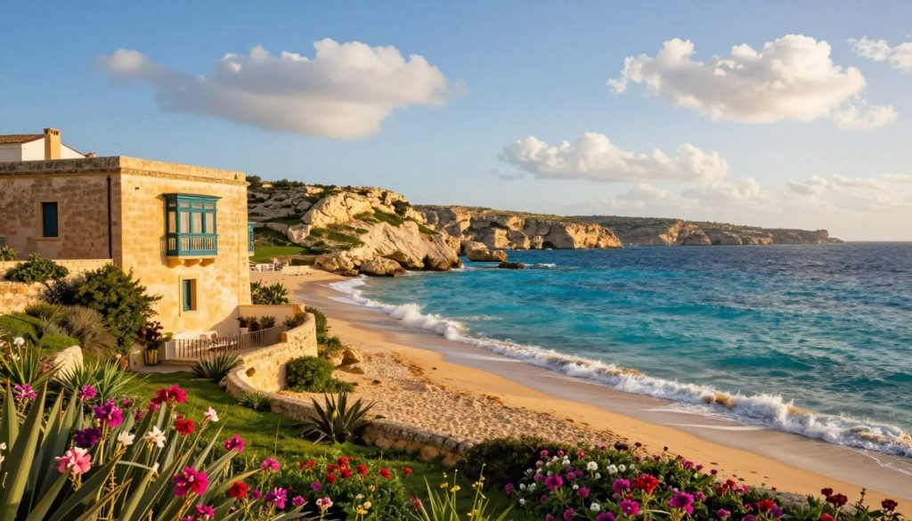 A serene coastal scene of Malta, featuring a charming traditional Maltese villa with colorful balconies in the foreground, surrounded by lush greenery and vibrant flowers. In the mid-ground, a tranquil beach with soft golden sand and gentle waves crashing onto the shore. A picturesque blue sky with a few fluffy white clouds creates a relaxing atmosphere. In the background, majestic limestone cliffs rise above the crystal-clear turquoise waters. Soft, warm lighting indicates late afternoon, casting a gentle glow across the scene. The composition should evoke a sense of peace and relaxation, ideal for holiday advice, with no human subjects present. The angle should be slightly elevated to capture the full beauty of the landscape and the inviting ambiance of a vacation on Malta. A serene coastal scene of Malta, featuring a charming traditional Maltese villa with colorful balconies in the foreground, surrounded by lush greenery and vibrant flowers. In the mid-ground, a tranquil beach with soft golden sand and gentle waves crashing onto the shore. A picturesque blue sky with a few fluffy white clouds creates a relaxing atmosphere. In the background, majestic limestone cliffs rise above the crystal-clear turquoise waters. Soft, warm lighting indicates late afternoon, casting a gentle glow across the scene. The composition should evoke a sense of peace and relaxation, ideal for holiday advice, with no human subjects present. The angle should be slightly elevated to capture the full beauty of the landscape and the inviting ambiance of a vacation on Malta.