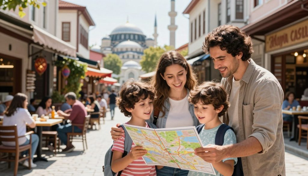 A serene family scene showcasing safety and health considerations for traveling in Turkey with children. In the foreground, a diverse family of four, dressed in casual, modest clothing, is examining a map with expressions of curiosity and excitement. The parents are engaged with their children, pointing out safe spots and attractions. In the middle ground, a picturesque Turkish street lined with family-friendly cafes and market stalls is visible, while locals are enjoying their day in a warm, inviting atmosphere. In the background, iconic landmarks of Turkey such as historical mosques and vibrant markets are subtly displayed under bright, sunny skies. The overall mood is joyful and safe, with soft, natural lighting that enhances the inviting feel of the scene. The image captures the essence of family travel, safety, and cultural exploration.