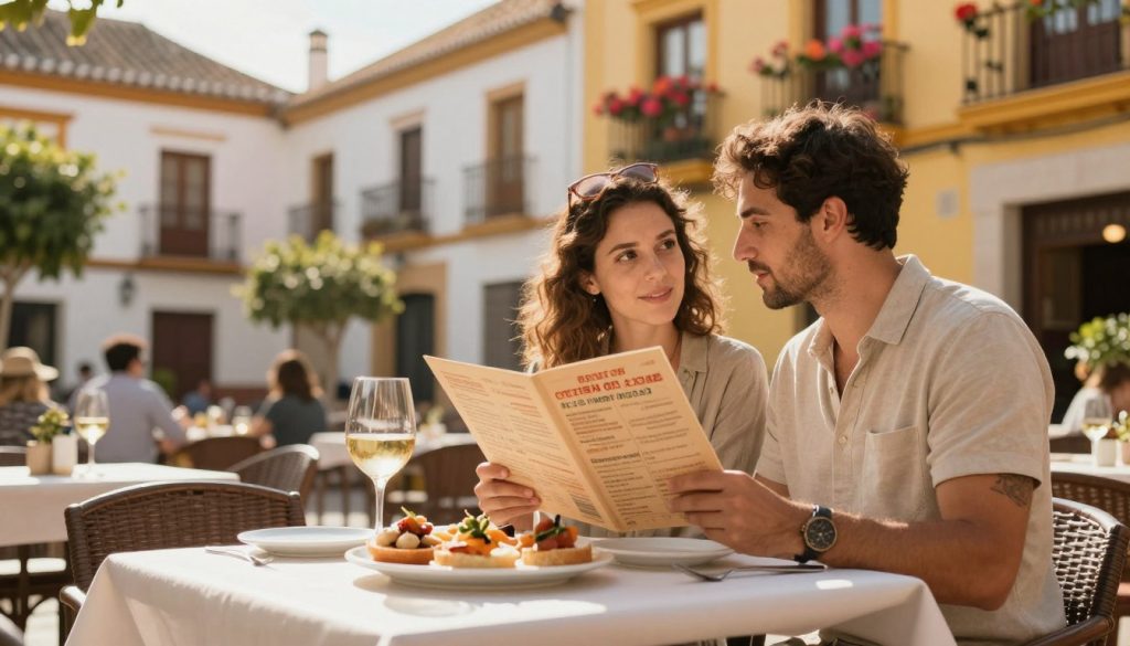 A serene outdoor cafe scene in Spain, showcasing the lifestyle and living costs in a vibrant and colorful setting. In the foreground, a neatly arranged table displays a plate of tapas and a glass of wine, symbolizing affordable dining. In the middle ground, a couple in modest casual clothing reviews a menu while discussing finances, representing the financial aspect of living in Spain. The background features traditional Spanish architecture with terracotta roofs and vibrant floral balconies, bathed in warm golden sunlight. The atmosphere is inviting and lively, capturing the essence of Spanish culture. The composition should use a soft-focus lens effect to highlight the couple and the table, creating a cozy, welcoming mood that draws the viewer into the scene. A serene outdoor cafe scene in Spain, showcasing the lifestyle and living costs in a vibrant and colorful setting. In the foreground, a neatly arranged table displays a plate of tapas and a glass of wine, symbolizing affordable dining. In the middle ground, a couple in modest casual clothing reviews a menu while discussing finances, representing the financial aspect of living in Spain. The background features traditional Spanish architecture with terracotta roofs and vibrant floral balconies, bathed in warm golden sunlight. The atmosphere is inviting and lively, capturing the essence of Spanish culture. The composition should use a soft-focus lens effect to highlight the couple and the table, creating a cozy, welcoming mood that draws the viewer into the scene.