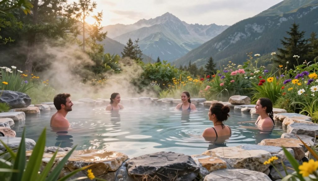 A serene scene depicting a relaxing atmosphere at thermal hot springs. In the foreground, a natural stone pool filled with crystal-clear, steaming water, surrounded by lush greenery and vibrant wildflowers. Soft, warm light filters through the trees, creating a tranquil ambiance. In the middle ground, a few individuals, dressed in modest casual attire, are enjoying the water, with joyful expressions reflecting the therapeutic benefits of the thermal waters. The background reveals majestic Tatra mountains, partially shrouded in mist, enhancing the peaceful and rejuvenating feel of the environment. The overall mood is calm and inviting, capturing the essence of relaxation and wellness. Shot with a wide-angle lens to capture the expansive scenery, the lighting is soft and warm, emphasizing the comforting heat of the springs. A serene scene depicting a relaxing atmosphere at thermal hot springs. In the foreground, a natural stone pool filled with crystal-clear, steaming water, surrounded by lush greenery and vibrant wildflowers. Soft, warm light filters through the trees, creating a tranquil ambiance. In the middle ground, a few individuals, dressed in modest casual attire, are enjoying the water, with joyful expressions reflecting the therapeutic benefits of the thermal waters. The background reveals majestic Tatra mountains, partially shrouded in mist, enhancing the peaceful and rejuvenating feel of the environment. The overall mood is calm and inviting, capturing the essence of relaxation and wellness. Shot with a wide-angle lens to capture the expansive scenery, the lighting is soft and warm, emphasizing the comforting heat of the springs.