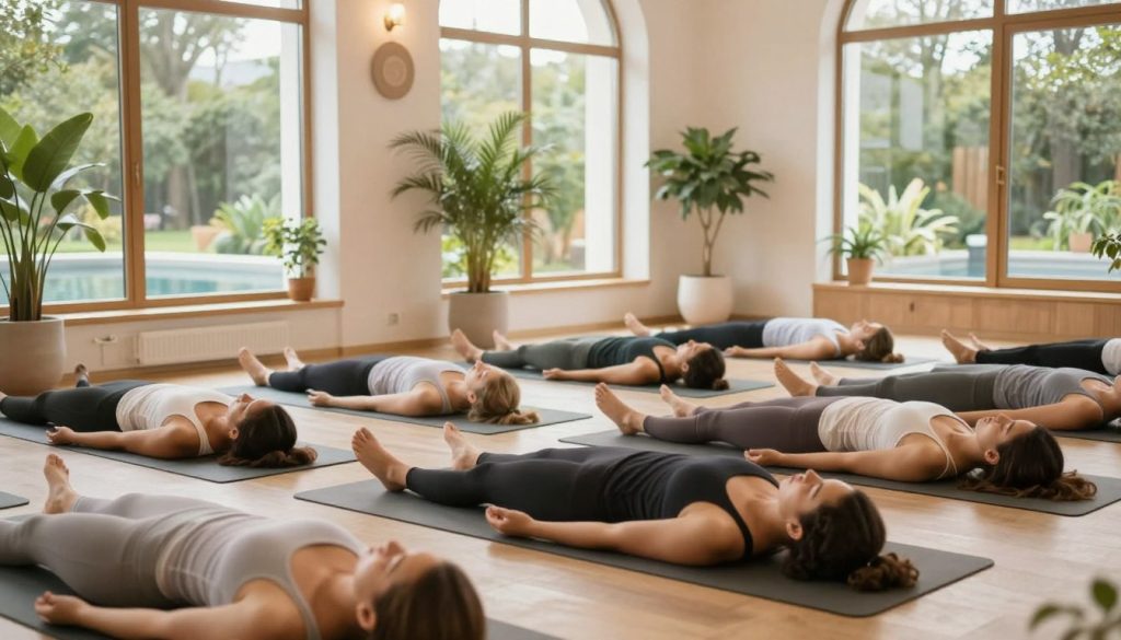 A serene spa and wellness center in Poznań, showcasing a fitness and relaxation class. In the foreground, a diverse group of individuals in professional athletic wear performs yoga poses on mats, radiating calm and concentration. The middle ground features a bright, airy studio with large windows letting in soft natural light, enhancing the inviting atmosphere. Potted plants and wooden accents add to the tranquility of the setting. In the background, glimpses of a serene water feature can be seen, surrounded by lush greenery. The scene is bathed in warm, soothing colors, creating a sense of peace and rejuvenation. The overall mood is one of wellness, inviting viewers to envision a balanced lifestyle focused on fitness and relaxation.