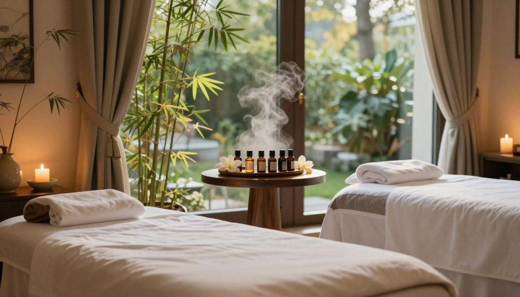 A serene spa scene in a luxurious hotel setting in Warsaw. The foreground features a tranquil massage room with soft lighting, plush treatment beds adorned with white linens, and aromatic candles casting a warm glow. In the middle, a beautiful wooden table holds a selection of essential oils and fresh flowers, surrounded by bamboo plants that enhance the calming atmosphere. The background showcases large windows letting in natural light, framed by elegant curtains, with a view of lush greenery outside, promoting a sense of relaxation. The overall mood is peaceful and rejuvenating, ideal for wellness and spa services. Include gentle steam rising in the air, hinting at spa treatments, and maintain a professional aesthetic without any people present.