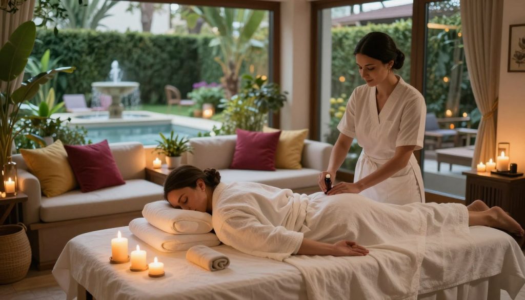 A serene spa setting in Turkey, showcasing a luxurious wellness treatment area. In the foreground, a relaxing massage table adorned with soft, white linens, surrounded by delicate candles casting a warm, golden light. A friendly spa therapist, dressed in professional attire, applies essential oils to a client who is comfortably wrapped in a lightweight robe. In the middle, plush seating with vibrant cushions and fragrant herbs create an inviting atmosphere. The background reveals a tranquil garden view through large, glass windows, with lush greenery and gentle water features that enhance the calming ambiance. Soft, diffused lighting enhances the serene mood, and the composition is framed using a wide-angle lens to capture the full relaxation experience. A serene spa setting in Turkey, showcasing a luxurious wellness treatment area. In the foreground, a relaxing massage table adorned with soft, white linens, surrounded by delicate candles casting a warm, golden light. A friendly spa therapist, dressed in professional attire, applies essential oils to a client who is comfortably wrapped in a lightweight robe. In the middle, plush seating with vibrant cushions and fragrant herbs create an inviting atmosphere. The background reveals a tranquil garden view through large, glass windows, with lush greenery and gentle water features that enhance the calming ambiance. Soft, diffused lighting enhances the serene mood, and the composition is framed using a wide-angle lens to capture the full relaxation experience.