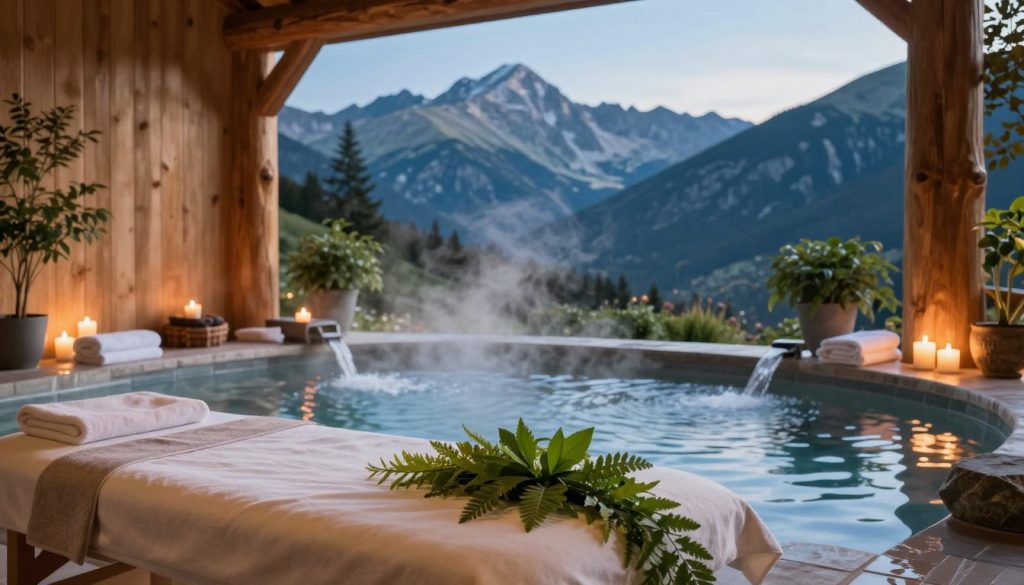 A serene spa setting nestled in the Tatra Mountains, showcasing tranquil wellness treatments. In the foreground, a soothing massage room features natural wooden elements, soft ambient lighting, and a massage table adorned with lush green plants and scented candles. The middle ground reveals wellness offerings such as a steaming hot spring with flowing water and plush towels. In the background, majestic Tatra peaks rise against a clear blue sky, enhancing the peaceful atmosphere. Include subtle reflections on the water surface and gentle steam wafting through the air. The scene should evoke a sense of relaxation and tranquility, inviting viewers to immerse in the wellness experience. Use a soft focus lens effect to create a dreamy, inviting ambiance.