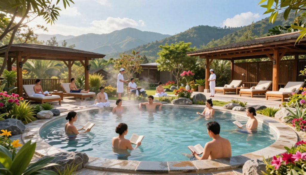 A serene thermal spa landscape showcasing a tranquil wellness retreat. In the foreground, a beautifully designed outdoor thermal pool with steaming natural mineral water, surrounded by lush greenery and colorful flowers. Relaxing guests in modest casual clothing are enjoying the soothing waters and peaceful atmosphere, with some reading books and others meditating. In the middle ground, elegant wooden lounges and shaded areas invite relaxation, while professional spa staff attend to visitors, promoting a sense of care and tranquility. The background features distant mountains under a clear blue sky, with soft sunlight illuminating the scene, creating a warm and inviting mood. The entire setting conveys health benefits and rejuvenation, ideal for relaxation and regeneration.