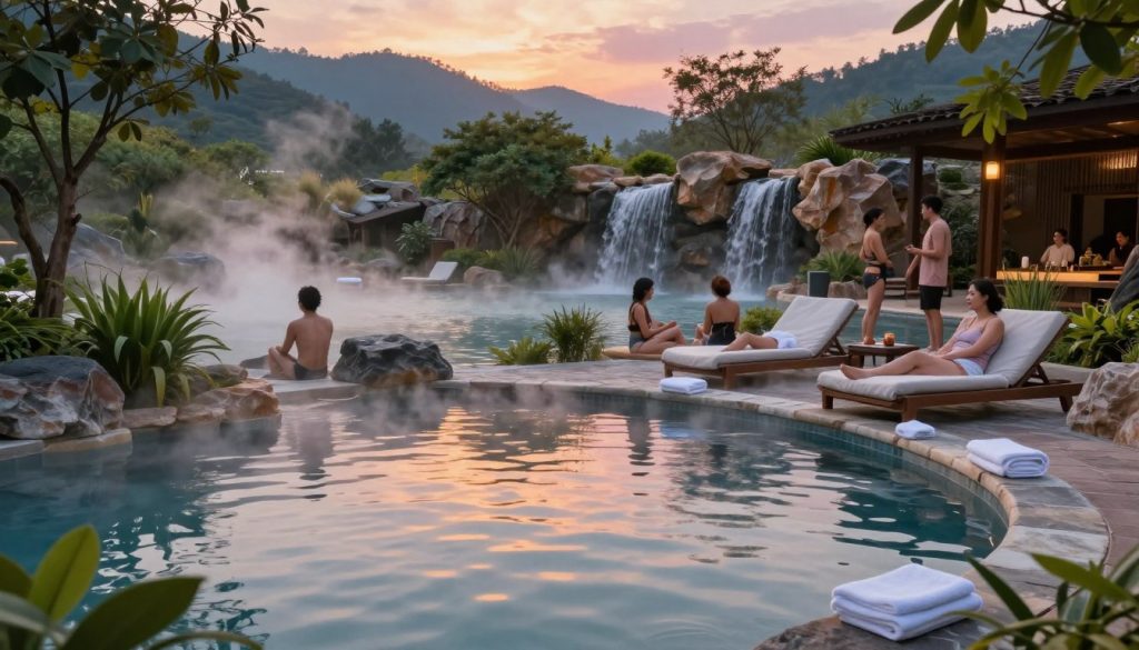 A serene thermal spa scene featuring steaming thermal pools surrounded by lush greenery and natural rock formations. In the foreground, a tranquil pool with crystal-clear water, reflecting the warm colors of the sunset. Placed along the edges are comfortable lounge chairs with soft towels neatly arranged. In the middle ground, a group of individuals in modest casual attire enjoying the ambiance, some relaxing on the loungers, while others socialize warmly. The background showcases gently cascading waterfalls and a backdrop of majestic mountains under a pastel sky. Soft, diffused lighting creates a calming atmosphere, enhancing the idyllic charm of this rejuvenating thermal retreat. Capture this tranquil moment from a slightly elevated angle to emphasize the inviting layout and peaceful vibe of the surroundings.