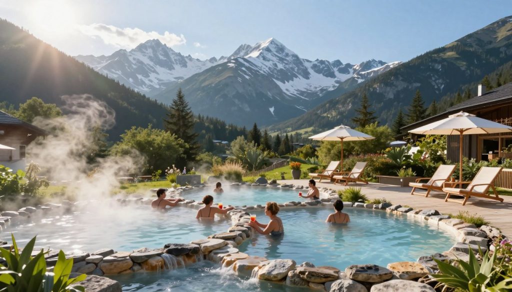 A serene view of the thermal baths at Termy Szaflary, nestled in the Tatra Mountains. In the foreground, several inviting, steaming thermal pools with natural stone edges, surrounded by lush greenery. Guests, dressed in modest casual clothing, are relaxing in the pools, enjoying the tranquil atmosphere. In the middle ground, modern wooden deck chairs are scattered around the pools, where visitors sip on refreshing drinks, beneath elegant umbrellas. The background features majestic, snow-capped peaks under a clear blue sky, with soft rays of sunlight filtering through, casting a warm glow over the scene. The overall mood is peaceful and rejuvenating, capturing the essence of relaxation and wellness in a picturesque mountain setting. A serene view of the thermal baths at Termy Szaflary, nestled in the Tatra Mountains. In the foreground, several inviting, steaming thermal pools with natural stone edges, surrounded by lush greenery. Guests, dressed in modest casual clothing, are relaxing in the pools, enjoying the tranquil atmosphere. In the middle ground, modern wooden deck chairs are scattered around the pools, where visitors sip on refreshing drinks, beneath elegant umbrellas. The background features majestic, snow-capped peaks under a clear blue sky, with soft rays of sunlight filtering through, casting a warm glow over the scene. The overall mood is peaceful and rejuvenating, capturing the essence of relaxation and wellness in a picturesque mountain setting.