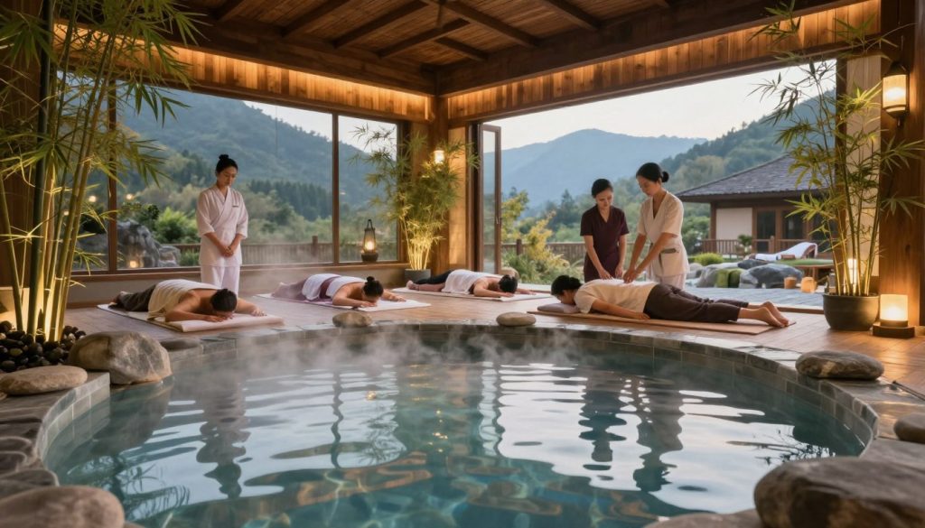A serene wellness retreat scene at Termy Bania, featuring a luxurious thermal spa area. In the foreground, a tranquil pool filled with steaming mineral water, surrounded by smooth stones and carefully arranged bamboo plants. In the middle ground, professional wellness practitioners, dressed in modest, professional attire, guide guests through relaxing wellness programs, such as yoga and meditation. The background showcases softly illuminated wooden structures with large glass windows that open to scenic mountain views. The atmosphere is peaceful and rejuvenating, enhanced by warm, soft lighting that reflects the natural beauty of the spa environment. The entire composition evokes a sense of calmness and regeneration.