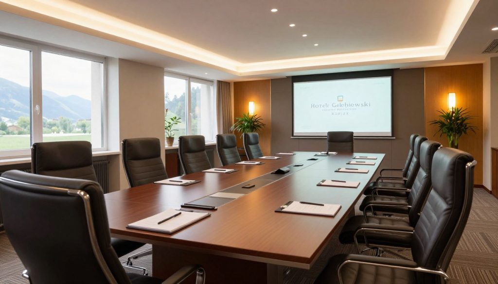 A spacious and modern conference room inside Hotel Gołębiewski Karpacz, featuring sleek furniture arranged for a business meeting. In the foreground, a large rectangular conference table with high-backed ergonomic chairs, set with notepads and pens. In the middle ground, a large projection screen displays a corporate logo, flanked by windows providing natural light. The background includes tasteful decor, such as potted plants and elegant lighting fixtures, casting a warm glow throughout the room. The atmosphere is professional and inviting, ideal for hosting conferences and events. The scene is captured with a wide-angle lens to emphasize the room's spaciousness, ensuring a polished and sophisticated ambiance, perfect for business gatherings.