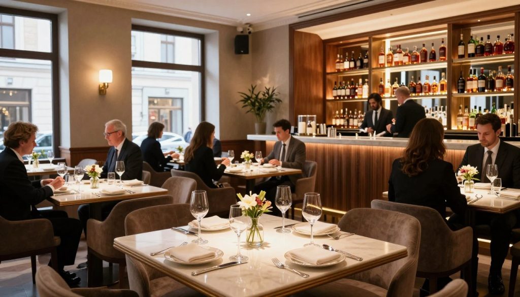A stylish hotel restaurant in Warsaw, featuring elegant decor with warm wooden tones and soft ambient lighting. In the foreground, a beautifully set dining table with fine china, polished silverware, and delicate flower arrangements. The middle ground showcases a sophisticated restaurant area, with bright, welcoming windows revealing the bustling street outside. Guests in professional business attire enjoy their meals, creating a lively yet refined atmosphere. In the background, a chic bar area with shelves of premium spirits, accented by backlighting that enhances the cozy vibe. The scene captures a luxurious yet inviting dining experience, emphasizing comfort and style.