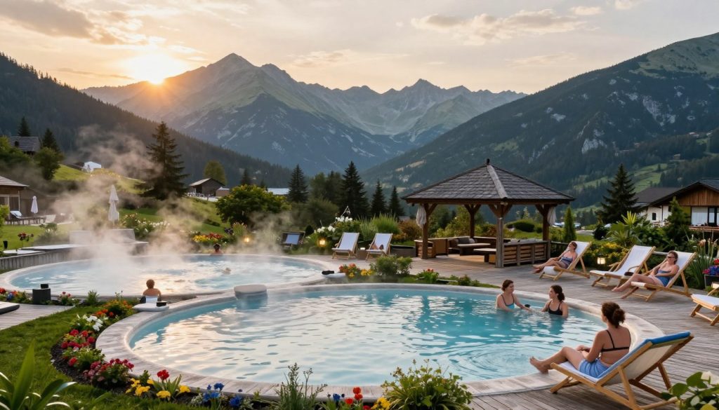 A tranquil scene of thermal baths in Zakopane, framed by the majestic Tatra Mountains in the background. In the foreground, a series of elegant outdoor hot pools, steam rising gently from the water's surface, surrounded by lush greenery and colorful flower beds. Visitors, wearing modest casual clothing, enjoy the soothing atmosphere, some lounging on stylish deck chairs while others relax in the pools. The middle ground features a wooden deck with cozy seating areas and a rustic gazebo. The sun sets behind the mountains, casting warm golden light over the scene, enhancing the serene ambiance. Capture this picturesque landscape from a slightly elevated angle to showcase the harmonious blend of nature and relaxation, evoking a sense of peace and tranquility.