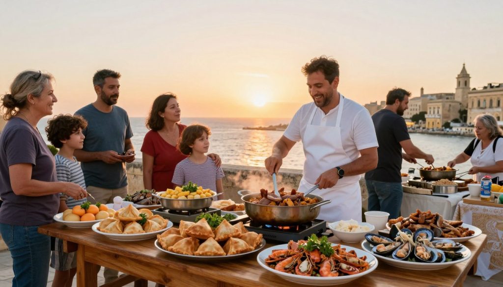 A vibrant Maltese outdoor market scene showcasing traditional Maltese cuisine. In the foreground, a wooden table laden with colorful dishes such as pastizzi, rabbit stew, and fresh seafood, garnished with local herbs. In the middle, a diverse group of people, including a cheerful chef in a white apron and a family dressed in casual clothes, are engaging in lively conversation while cooking together. In the background, the sun sets over the Mediterranean Sea, casting a warm golden hue over the historic architecture typical of Valletta. Soft, natural lighting emphasizes the inviting atmosphere, creating a sense of community and celebration of Maltese culture and traditions. The image should capture the essence of a joyful culinary experience in Malta.