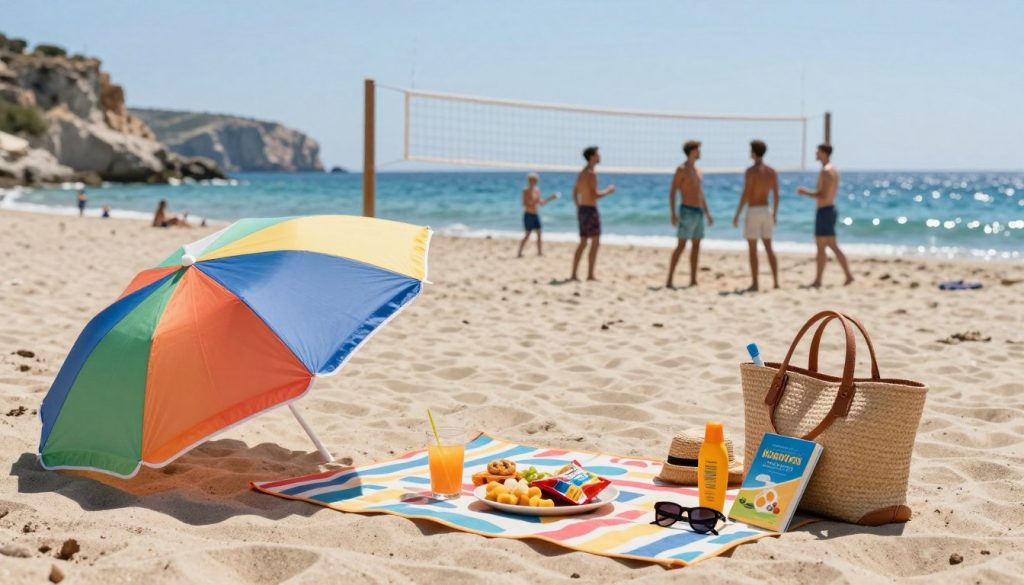 A vibrant beach scene in Greece, showcasing essential beach accessories for travelers. In the foreground, a colorful beach umbrella is open, accompanied by a stylish beach mat adorned with various snacks and drinks. Nearby, a beach bag is filled with sunscreen, a novel, and a pair of sunglasses. The middle ground features a few people in modest casual clothing, happily playing beach volleyball and soaking up the sun. In the background, a picturesque view of the Mediterranean Sea sparkles under the bright sun, with rocky cliffs and a clear blue sky. The atmosphere is relaxed and joyful, evoking a sense of adventure. The lighting is bright and sunny, capturing the essence of a perfect day at the beach, with a soft focus on the background.