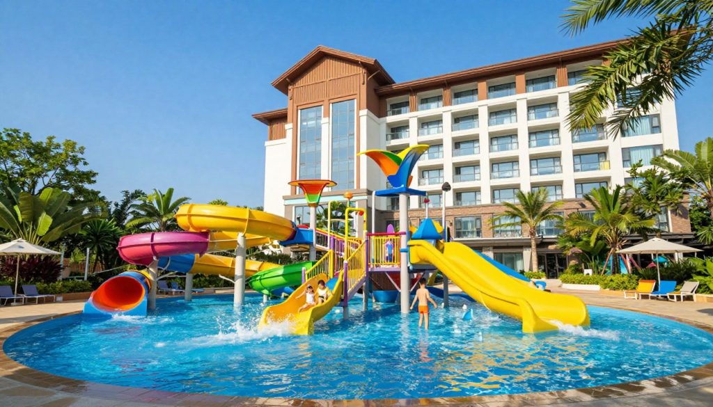 A vibrant family-friendly hotel with a large outdoor water park in the foreground, featuring colorful water slides, a lazy river, and playful children splashing in the pool. The hotel, styled in a modern architectural design, stands tall in the middle ground, with large windows and balconies overlooking the park. In the background, lush green trees provide a serene atmosphere, while a clear blue sky enhances the cheerful vibe. Bright sunlight casts warm rays over the scene, creating inviting shadows around the pool area. The setting evokes a sense of fun and relaxation, perfect for families seeking adventure and leisure in a picturesque resort environment. The composition is framed to capture both the hotel and the water park, emphasizing the joyful atmosphere.