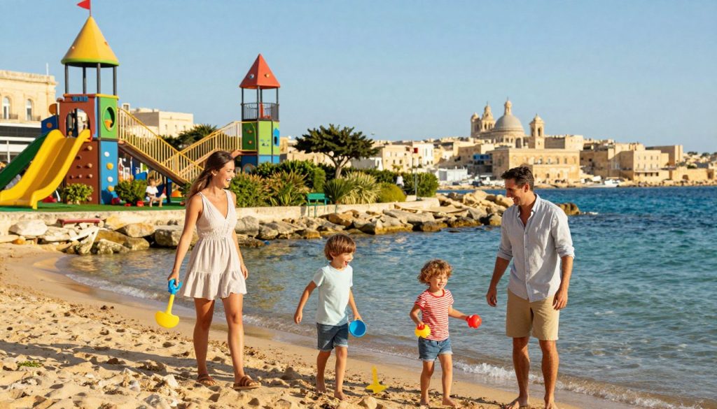 A vibrant family scene in Malta showcasing children enjoying various attractions on a sunny day. In the foreground, a family of four&mdash;parents and two children&mdash;are laughing and playing by the sea, with the children holding colorful beach toys. The mother wears a light summer dress, and the father is in a casual shirt and shorts. In the middle ground, there are lush gardens and an amusement park with playful structures designed for kids, like a climbing wall and slides. The background features Malta&rsquo;s iconic historic buildings and azure ocean under a bright blue sky. The lighting is warm and inviting, with soft shadows, creating a cheerful and lively atmosphere, captured with a wide-angle lens to emphasize the joyful fun of a family holiday in Malta.