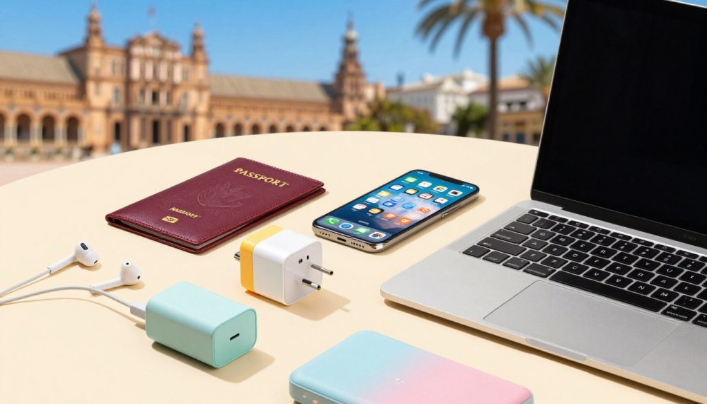 A vibrant flat lay arrangement of essential electronic accessories for a trip to Spain. In the foreground, display a sleek laptop, compact travel charger, and colorful adapters. Surround these items with high-quality earbuds and a portable power bank. In the middle layer, include a stylish passport holder and a smartphone with travel apps open, suggesting a tech-savvy traveler. The background features a softly blurred Spanish landscape, perhaps a glimpse of iconic architecture or palm trees under a bright blue sky to evoke a holiday atmosphere. Use bright, natural lighting to enhance the colors and create an inviting, adventurous mood. The angle should be slightly above to capture all elements harmoniously.