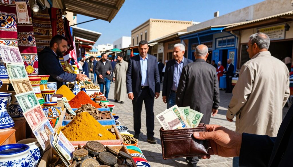 A vibrant marketplace in Tunisia during a sunny day, showcasing a variety of colorful stalls filled with local currencies prominently displayed alongside goods like spices, textiles, and ceramics. In the foreground, a small open wallet with Tunisian dinars spilling out, indicating the currency exchange. The middle ground features shoppers, including a diverse group of individuals in professional business attire and modest casual clothing, engaging with friendly vendors. The background shows traditional Tunisian architecture and bustling market activity, with clear blue skies and bright sunlight illuminating the scene. The atmosphere is lively and inviting, emphasizing the costs of living in Tunisia through the lens of currency in everyday transactions. A vibrant marketplace in Tunisia during a sunny day, showcasing a variety of colorful stalls filled with local currencies prominently displayed alongside goods like spices, textiles, and ceramics. In the foreground, a small open wallet with Tunisian dinars spilling out, indicating the currency exchange. The middle ground features shoppers, including a diverse group of individuals in professional business attire and modest casual clothing, engaging with friendly vendors. The background shows traditional Tunisian architecture and bustling market activity, with clear blue skies and bright sunlight illuminating the scene. The atmosphere is lively and inviting, emphasizing the costs of living in Tunisia through the lens of currency in everyday transactions.