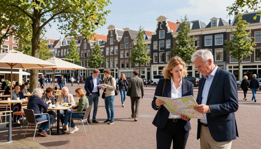 A vibrant public square in the Netherlands, featuring a diverse group of people enjoying their day. In the foreground, a couple dressed in business attire is looking at a map, showcasing a sense of exploration and curiosity. In the middle ground, families are seated at outdoor cafes, while individuals casually stroll, emphasizing the lively atmosphere. The background shows iconic Dutch architecture under a clear blue sky, with trees providing shade. Soft, warm lighting casts gentle shadows, creating a welcoming ambiance. The scene captures a sense of community and vigilance, relating to safety in public spaces, reflecting the theme of security in an everyday environment. A vibrant public square in the Netherlands, featuring a diverse group of people enjoying their day. In the foreground, a couple dressed in business attire is looking at a map, showcasing a sense of exploration and curiosity. In the middle ground, families are seated at outdoor cafes, while individuals casually stroll, emphasizing the lively atmosphere. The background shows iconic Dutch architecture under a clear blue sky, with trees providing shade. Soft, warm lighting casts gentle shadows, creating a welcoming ambiance. The scene captures a sense of community and vigilance, relating to safety in public spaces, reflecting the theme of security in an everyday environment.