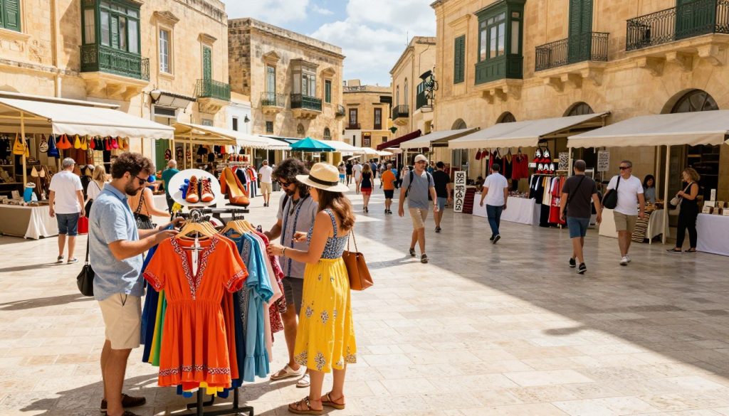 A vibrant scene depicting a stylish shopping area in Malta, showcasing a variety of clothing and footwear stores. In the foreground, a well-dressed couple examines colorful summer apparel and trendy shoes displayed on a rack. The middle ground features a bustling plaza filled with shoppers enjoying a sunny day, with bright, outdoor market stalls showcasing local designs. The background reveals historic Maltese architecture, with soft sunlight filtering through the buildings, casting playful shadows on the cobblestone streets. Capture a lively yet relaxed atmosphere, evoking the charm of shopping in Malta. Use warm, inviting colors to enhance the feeling of a pleasant shopping experience, with a focus on fashion and local style. The angle should be slightly elevated, providing a comprehensive view of the scene without any text or distractions. A vibrant scene depicting a stylish shopping area in Malta, showcasing a variety of clothing and footwear stores. In the foreground, a well-dressed couple examines colorful summer apparel and trendy shoes displayed on a rack. The middle ground features a bustling plaza filled with shoppers enjoying a sunny day, with bright, outdoor market stalls showcasing local designs. The background reveals historic Maltese architecture, with soft sunlight filtering through the buildings, casting playful shadows on the cobblestone streets. Capture a lively yet relaxed atmosphere, evoking the charm of shopping in Malta. Use warm, inviting colors to enhance the feeling of a pleasant shopping experience, with a focus on fashion and local style. The angle should be slightly elevated, providing a comprehensive view of the scene without any text or distractions.