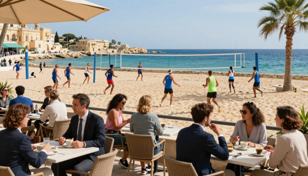 A vibrant scene depicting the lifestyle and sports activities in Malta for 2024. In the foreground, a lively café terrace filled with people in professional business attire and modest casual clothing enjoying espresso and discussing their day. A diverse group of individuals engages in beach volleyball and jogging along the sandy coastline in the middle, showcasing Malta’s active lifestyle. The background features the stunning azure Mediterranean sea, with historic architecture and palm trees lining the shore under a bright sun. The overall atmosphere is cheerful and dynamic, capturing the essence of life on this beautiful island. Soft, natural lighting highlights the colors, with a wide-angle view to encompass the lively environment and scenic landscape. A vibrant scene depicting the lifestyle and sports activities in Malta for 2024. In the foreground, a lively café terrace filled with people in professional business attire and modest casual clothing enjoying espresso and discussing their day. A diverse group of individuals engages in beach volleyball and jogging along the sandy coastline in the middle, showcasing Malta’s active lifestyle. The background features the stunning azure Mediterranean sea, with historic architecture and palm trees lining the shore under a bright sun. The overall atmosphere is cheerful and dynamic, capturing the essence of life on this beautiful island. Soft, natural lighting highlights the colors, with a wide-angle view to encompass the lively environment and scenic landscape.