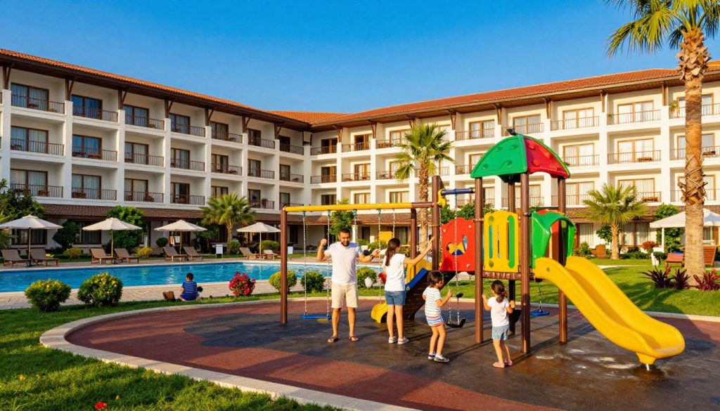 A vibrant scene of a family-friendly hotel in Turkey, showcasing a picturesque resort designed for children. In the foreground, a cheerful family with modest casual clothing enjoys the hotel's colorful playground, with children playing on swings and climbing structures. The middle ground features a beautifully designed hotel building with spacious balconies, lush gardens, and a swimming pool. In the background, vivid blue skies complement the lively atmosphere, while palm trees sway gently in the breeze. The lighting is warm and inviting, suggesting a sunny afternoon, enhancing the joy and togetherness of the family. The overall mood is playful and welcoming, perfect for families seeking accommodation in Turkey.