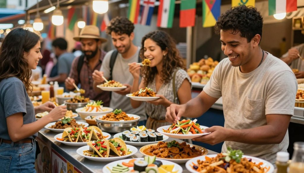 A vibrant street food scene showcasing diverse local dishes from around the world, positioned in a bustling market setting. In the foreground, a cheerful vendor in modest casual clothing prepares colorful plates of traditional cuisine&mdash;spicy tacos, fresh sushi, and aromatic curries. The middle ground features a diverse group of travelers (also in modest casual attire) sampling the food with expressions of delight, exuding a sense of adventure and cultural appreciation. The background is alive with stalls adorned with flags representing various countries, each offering unique culinary experiences. Soft, warm lighting enhances the inviting atmosphere, with a slight bokeh effect to emphasize the action in the foreground. The overall mood reflects excitement and curiosity, capturing the essence of exploring food cultures while ensuring safety in food choices.