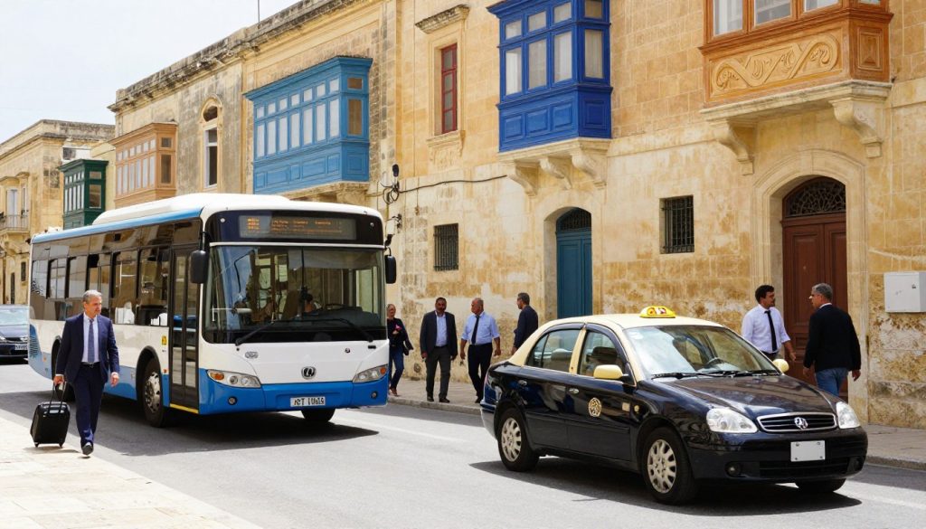 A vibrant street scene in the heart of Valletta, Malta, showcasing various transportation options. In the foreground, a modern bus with a digital display board is parked next to a traditional Maltese taxi with an elegant rounded silhouette, both ready for passengers. The middle ground features elegantly dressed locals casually walking and talking, with luggage in hand, illustrating the travel atmosphere. Mediterranean architecture with warm stone walls and colorful balconies fills the background, bathed in bright, sunny daylight that casts soft shadows, giving a cheerful ambiance. Capture this scene from a slightly elevated angle to emphasize the lively city life, highlighting both modern and traditional elements of transport in Malta. A vibrant street scene in the heart of Valletta, Malta, showcasing various transportation options. In the foreground, a modern bus with a digital display board is parked next to a traditional Maltese taxi with an elegant rounded silhouette, both ready for passengers. The middle ground features elegantly dressed locals casually walking and talking, with luggage in hand, illustrating the travel atmosphere. Mediterranean architecture with warm stone walls and colorful balconies fills the background, bathed in bright, sunny daylight that casts soft shadows, giving a cheerful ambiance. Capture this scene from a slightly elevated angle to emphasize the lively city life, highlighting both modern and traditional elements of transport in Malta.