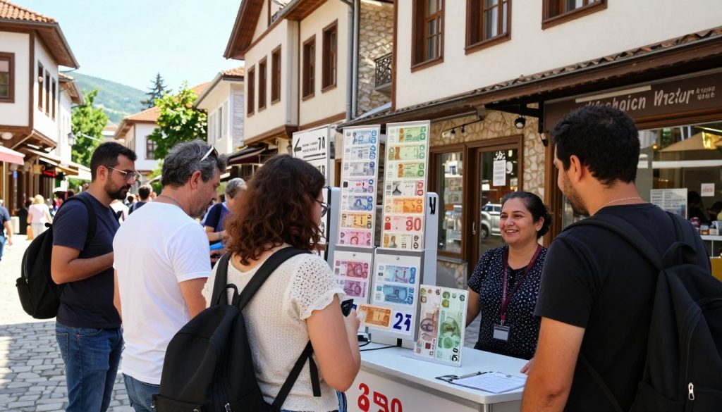 A vibrant street scene set in Bosnia, showcasing an outdoor currency exchange booth bustling with tourists. In the foreground, a diverse group of travelers, dressed in modest casual clothing, are interacting with a friendly attendant behind the exchange counter. The middle ground features different currency notes displayed prominently, along with directional signs indicating exchange rates. The background reveals charming Bosnian architecture, with a mix of historical buildings and modern storefronts, under a bright, sunny sky. Warm natural lighting casts soft shadows, creating a welcoming atmosphere. The image captures a sense of discovery and excitement for tourists navigating the currency exchange process in Bosnia, inviting viewers to explore the local culture in a friendly setting. A vibrant street scene set in Bosnia, showcasing an outdoor currency exchange booth bustling with tourists. In the foreground, a diverse group of travelers, dressed in modest casual clothing, are interacting with a friendly attendant behind the exchange counter. The middle ground features different currency notes displayed prominently, along with directional signs indicating exchange rates. The background reveals charming Bosnian architecture, with a mix of historical buildings and modern storefronts, under a bright, sunny sky. Warm natural lighting casts soft shadows, creating a welcoming atmosphere. The image captures a sense of discovery and excitement for tourists navigating the currency exchange process in Bosnia, inviting viewers to explore the local culture in a friendly setting.