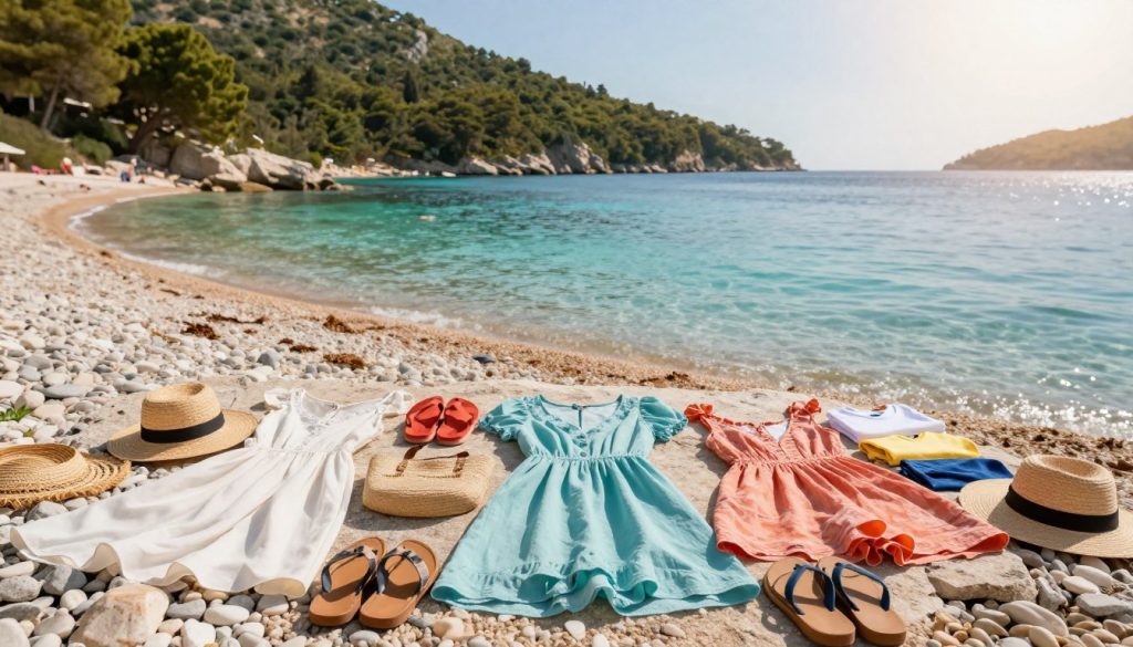 A vibrant summer scene depicting a variety of holiday clothing and footwear suitable for a vacation in Croatia. In the foreground, showcase a neatly arranged assortment of lightweight, colorful summer outfits including sundresses, shorts, and t-shirts. Include comfortable sandals and flip-flops to emphasize casual beachwear. In the middle ground, feature a picturesque Mediterranean backdrop with crystal-clear turquoise waters, sunlit pebbled beaches, and lush green hills. Soft, warm sunlight filters through the scene, creating a relaxed, joyful atmosphere. Use a wide-angle lens perspective to capture the beauty of the landscape along with the clothing. The overall mood should evoke the excitement of a summer getaway, inviting viewers to imagine their own Croatian adventure.