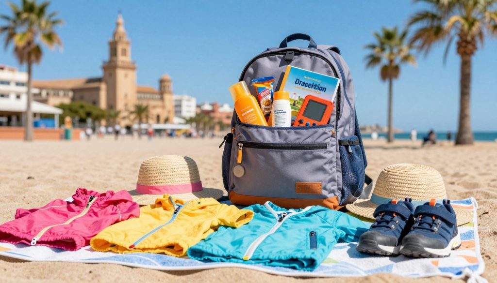 A vibrant travel scene showcasing essential items for children on a trip to Spain. In the foreground, a colorful array of children's clothing, including lightweight jackets, sun hats, and comfortable walking shoes, neatly arranged on a beach towel. In the middle, a stylish backpack filled with accessories like sunscreen, snacks, a travel guidebook, and a portable games console, ready for adventure. The background features a sunny Spanish landscape, with iconic elements like palm trees, a clear blue sky, and a hint of a sandy beach, creating a joyful and adventurous atmosphere. The lighting is bright and cheerful, capturing the essence of a fun family vacation. The image conveys excitement and preparation for a memorable journey, perfect for young travelers.