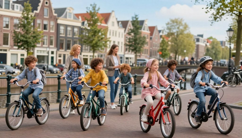A vibrant urban scene in the Netherlands, showcasing the safety of children on a city street. In the foreground, a diverse group of children, dressed in colorful, modest clothing, ride their bicycles and play joyfully. The middle ground features parental figures, casually dressed but attentive, supervising their children while engaging in light conversation. The background shows charming Dutch architecture with canals and greenery, under a clear blue sky. Soft, warm lighting enhances the friendly atmosphere, while the scene is captured with a slight depth of field to create a sense of warmth and community. The overall mood is one of safety, happiness, and a shared sense of responsibility for child safety in public spaces. A vibrant urban scene in the Netherlands, showcasing the safety of children on a city street. In the foreground, a diverse group of children, dressed in colorful, modest clothing, ride their bicycles and play joyfully. The middle ground features parental figures, casually dressed but attentive, supervising their children while engaging in light conversation. The background shows charming Dutch architecture with canals and greenery, under a clear blue sky. Soft, warm lighting enhances the friendly atmosphere, while the scene is captured with a slight depth of field to create a sense of warmth and community. The overall mood is one of safety, happiness, and a shared sense of responsibility for child safety in public spaces.