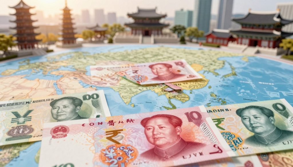 A visually engaging illustration showcasing foreign currency abbreviations in Asia. In the foreground, feature iconic currency symbols like the Japanese Yen (JPY), Chinese Yuan (CNY), and Indian Rupee (INR) displayed prominently on stylized currency notes. The middle layer includes a map of Asia with highlighted countries corresponding to these currencies, bringing a sense of geography to the subject. In the background, incorporate a blend of traditional Asian landmarks such as pagodas, temples, and skyscrapers, softly blurred to emphasize the foreground. The lighting should be warm and inviting, evoking a sense of prosperity and global connection. Use a slight overhead angle to capture both the details of the currency and the expansive map, ensuring a professional and informative mood throughout the image.