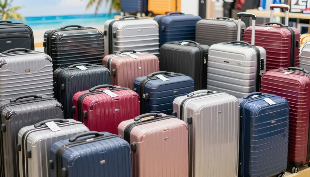 A visually striking display of various suitcase sizes available on the market, showcasing soft and hard shell designs. In the foreground, a collection of suitcases in different colors and sizes, neatly arranged, with labels indicating their dimensions. The middle ground features a well-organized selection of popular luggage brands, with each suitcase reflecting high-quality craftsmanship. The background includes a blurred vacation scene, hinting at travel, with soft natural lighting to enhance the appeal of the luggage. The atmosphere should evoke excitement and readiness for travel, with a focus on practicality and style. The image should be captured from a slightly elevated angle to provide a comprehensive view of the suitcases, highlighting their unique shapes and features. A visually striking display of various suitcase sizes available on the market, showcasing soft and hard shell designs. In the foreground, a collection of suitcases in different colors and sizes, neatly arranged, with labels indicating their dimensions. The middle ground features a well-organized selection of popular luggage brands, with each suitcase reflecting high-quality craftsmanship. The background includes a blurred vacation scene, hinting at travel, with soft natural lighting to enhance the appeal of the luggage. The atmosphere should evoke excitement and readiness for travel, with a focus on practicality and style. The image should be captured from a slightly elevated angle to provide a comprehensive view of the suitcases, highlighting their unique shapes and features.